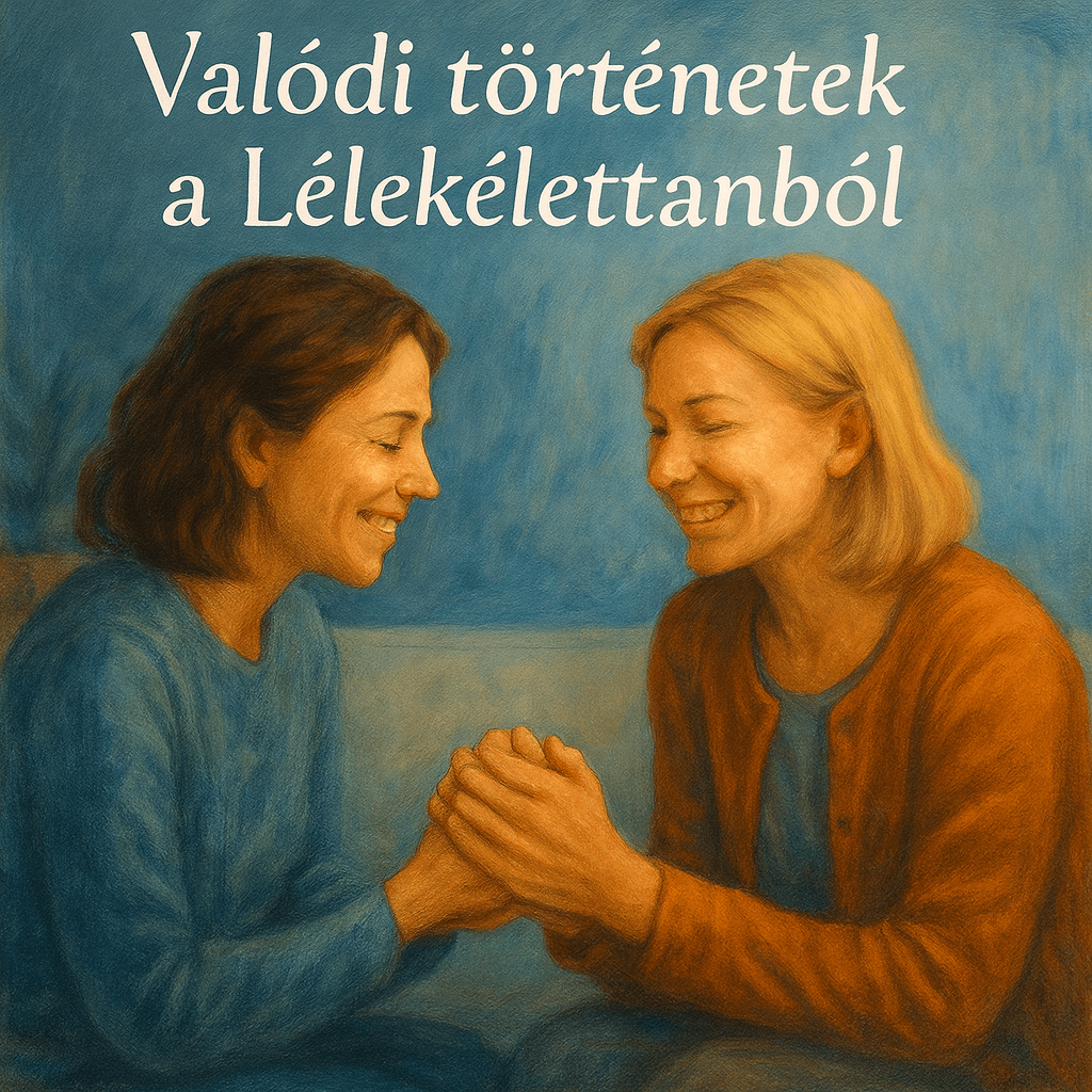 ChatGPT Image 2025. szept. 14. 18_44_45 Klári története jelenik meg ezen a képen: két nő egymás felé fordulva, empatikus, bizalomteljes kapcsolatban – a Lélekélettan stílusában ábrázolva, türkizkék tónusban