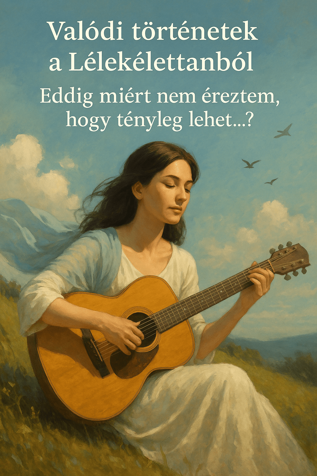 lelekelettan_eddig_miert_nem_ereztem_gitar_dombteton.png Vizuális válasz arra a kérdésre: eddig miért nem éreztem, hogy tényleg lehet újra lábra állni? Egy középkorú nő ül egy dombtetőn, gitárral a kezében, haját szél fújja, organza lebben körülötte. A jelenet szimbolizálja azt az áttörő pillanatot, amikor valaki először érzi: lehet másként.