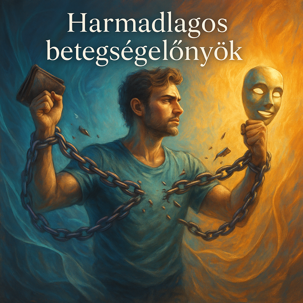 Harmadlagos betegségelőnyök – digitális festmény: ember láncokat tör el, egyik kezében pénztárca, másikban maszk; a háttérben aranyló fény és lila-türkiz árnyalatok jelképezik a külső jutalmak elengedését és az új szabadságot.