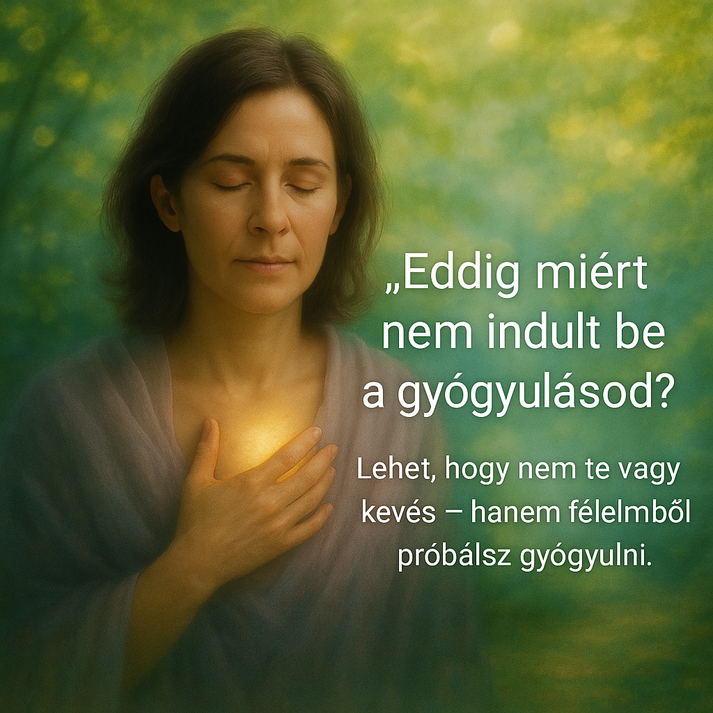 Eddig miért nem indult be a gyógyulás? Eddig miért nem indult be a gyógyulás – portré egy csukott szemű nőről, meleg fénnyel a szíve fölött, puha kendőben, erdei háttérrel, a gyógyulás belső erőforrásait és a félelemből való kilépést jelképezve, a Lélekélettan vizuális stílusában