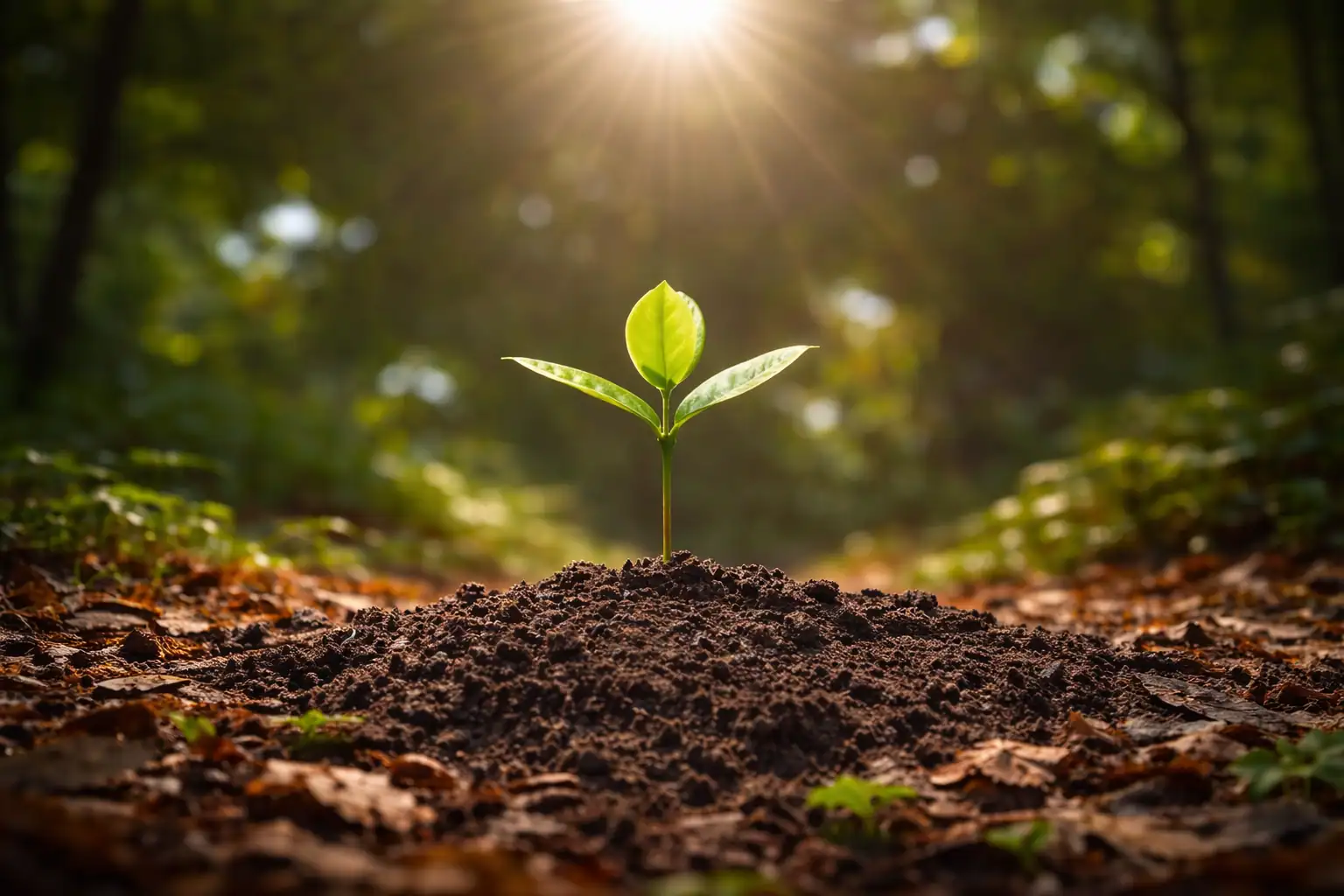 Belső erőforrások – az újrakezdés első jele Lélekélettan Mentor program: Friss zöld hajtás a földből, erdei ösvényen, napfénysugarak alatt – a belső erőforrások és az újrakezdés szimbóluma