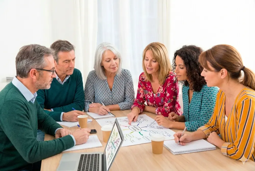 Közösségi támogatás – Erő a közös útkeresésben Lélekélettan Mentor Program, a megtartó közösség: Együttműködő csoport egy asztal körül, akik közösen elemeznek egy gondolattérképet, szemléltetve a közösségi támogatás és a társas támasz erejét a Lélekélettan Mentor Programban.