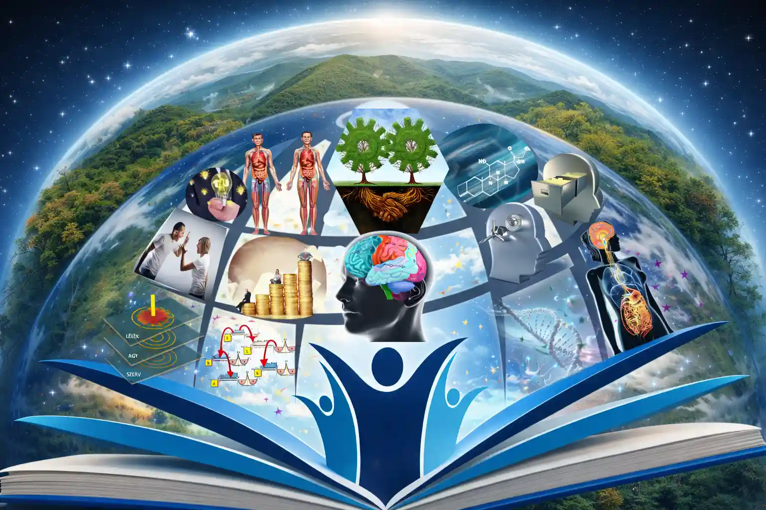 Megismerés: Az életműködés törvényszerűségeinek feltárása A Lélekélettan Mentor Program komlexitásának jelképe: Egy nyitott könyvből kiemelkedő földgömb, amelyen különböző ikonok és ábrák – emberi anatómia, agyi folyamatok, genetika és társas interakciók – jelképezik az életet meghatározó bio-pszicho-szociális működési törvényszerűségeket.