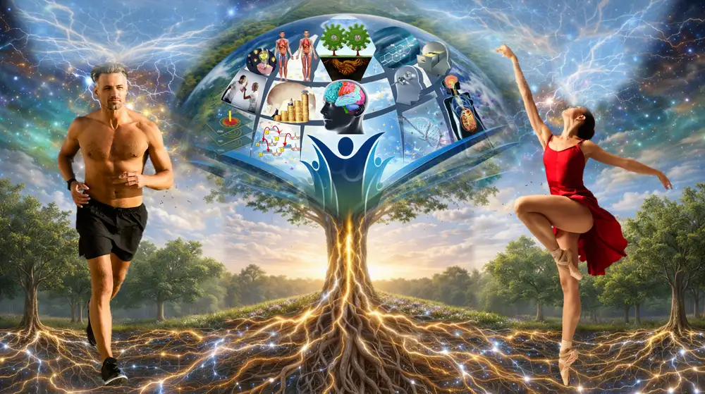 Lélekélettan Mentor Program: Az emberi működés és gyógyulás teljessége Lélekélettan mentor program vizualizáció: hiperrealisztikus életfa fénylő gyökerekkel, amely a bio-pszicho-szociális erőforrásokat, a biológiai vitalitást és a tudattalan minták átdolgozását jelképezi.