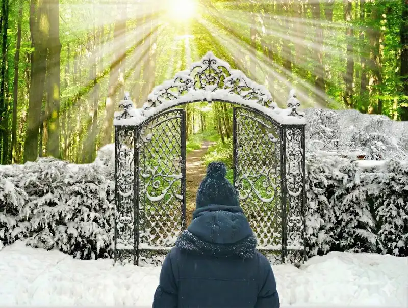 Lélekélettan mentor program: nézőpontváltás és belső változás folyamata, melyet egy díszes kapun átvezető, a télből a napsütötte tavaszba tartó erdei út szimbolizál.