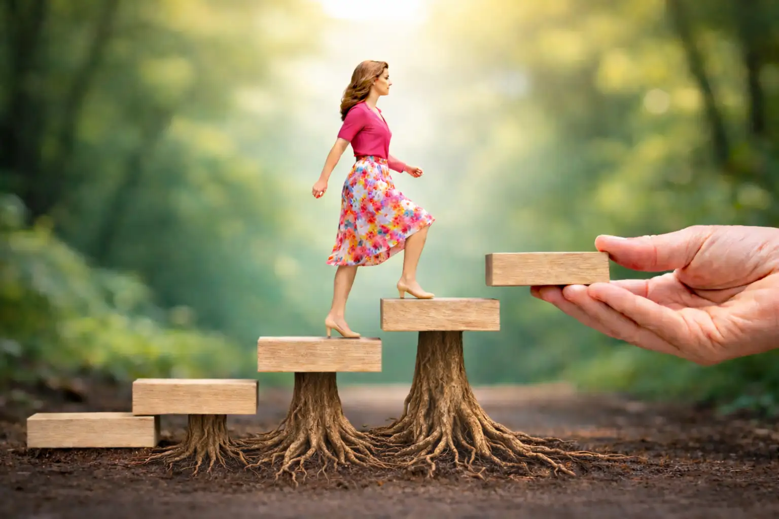 A lelki gyógyulás útja: Támogatott belső építkezés Egy nő magabiztosan lépked felfelé egy fatörzsekből álló lépcsőn az erdőben, miközben egy segítő kéz elhelyezi a következő fokot – a belső gyógyulás és a hosszú távú önmunka, a Lélekélettan Mentor Program folyamatát jelképezve.