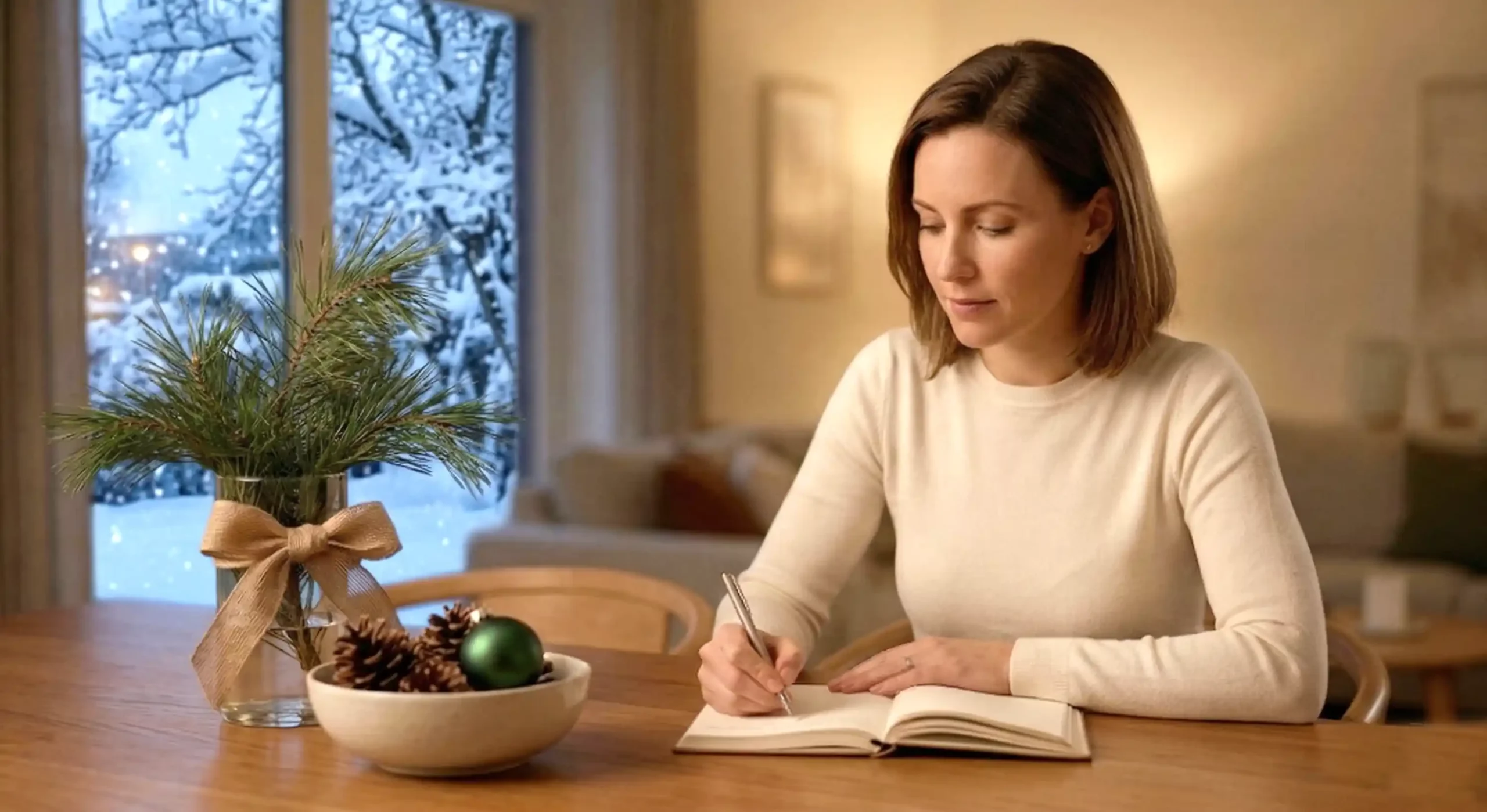 Karácsony üzenete és a belső elcsendesedés: egy nő naplót ír az ünnepi asztalnál, háttérben havas téli tájjal, a Lélekélettan mentális mélyalkalmazkodás jegyében.